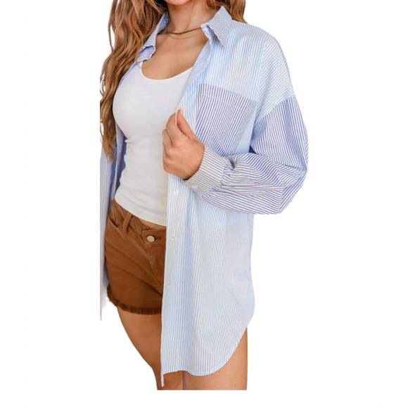 NEW ANDREE BY UNIT yours or mine striped button down shirt in blue striped - Picture 2 of 3